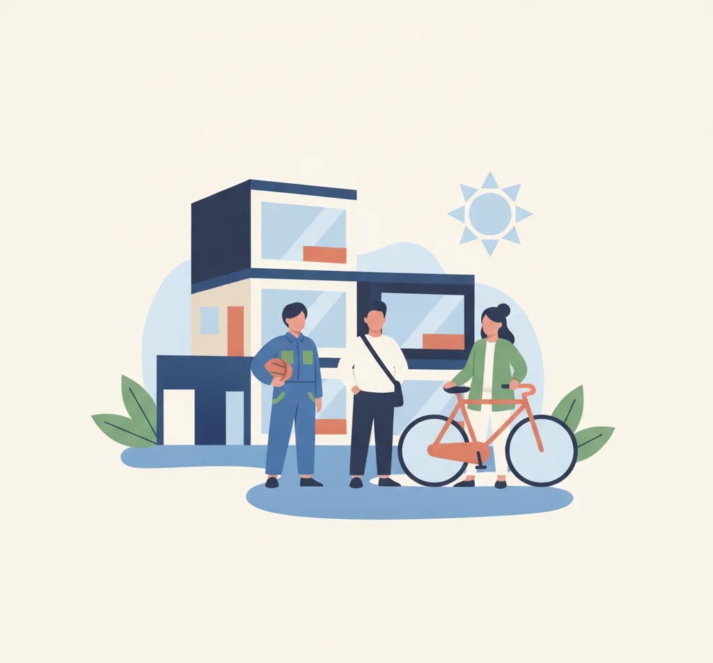 Illustration : trois jeunes actifs devant un foyer de jeunes travailleurs