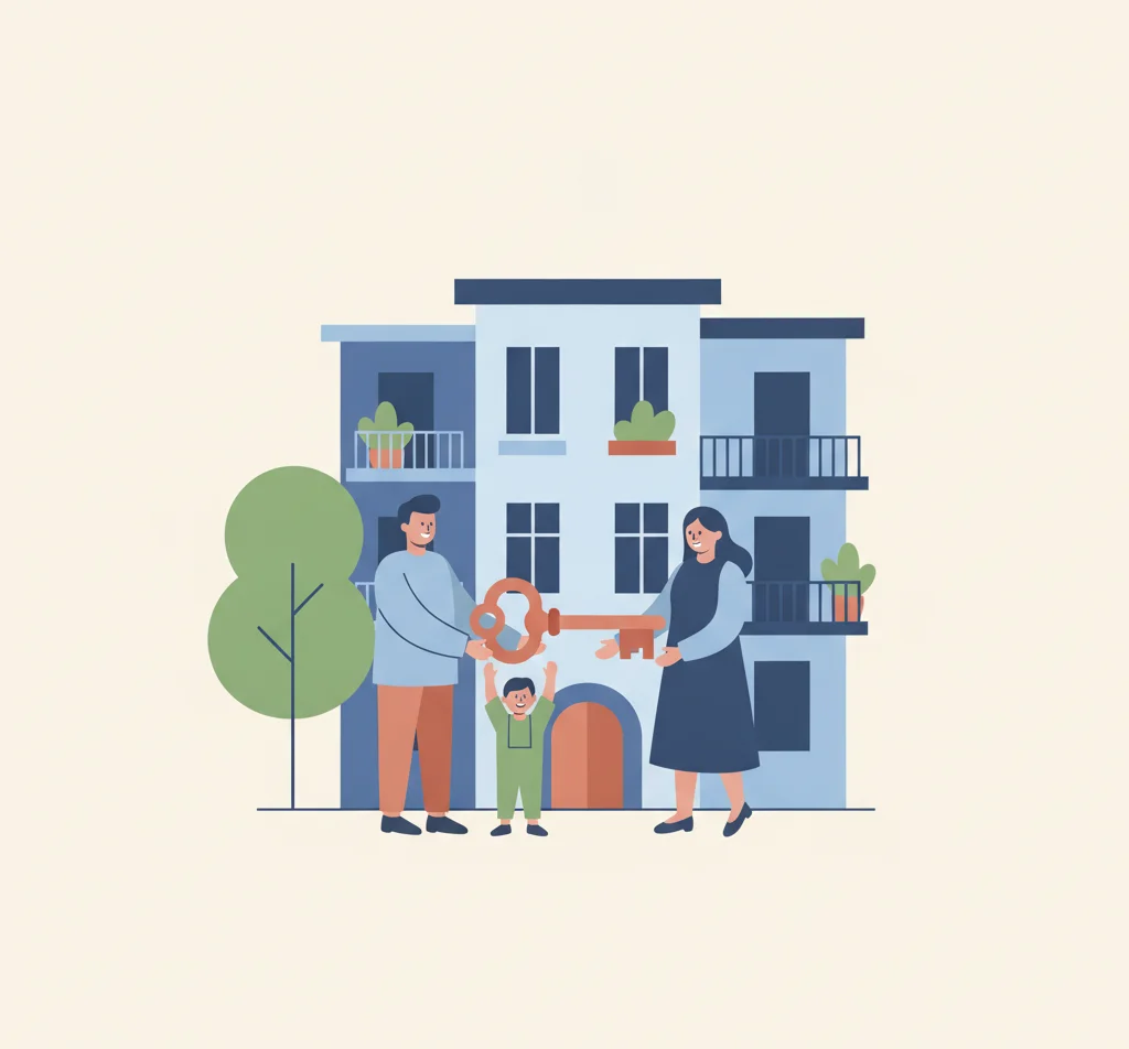 Illustration : une famille reçoit les clés de son logement