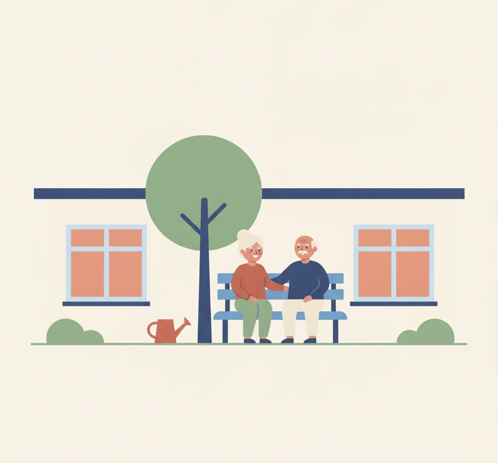Illustration : deux seniors sur un banc dans le jardin d'une résidence autonomie